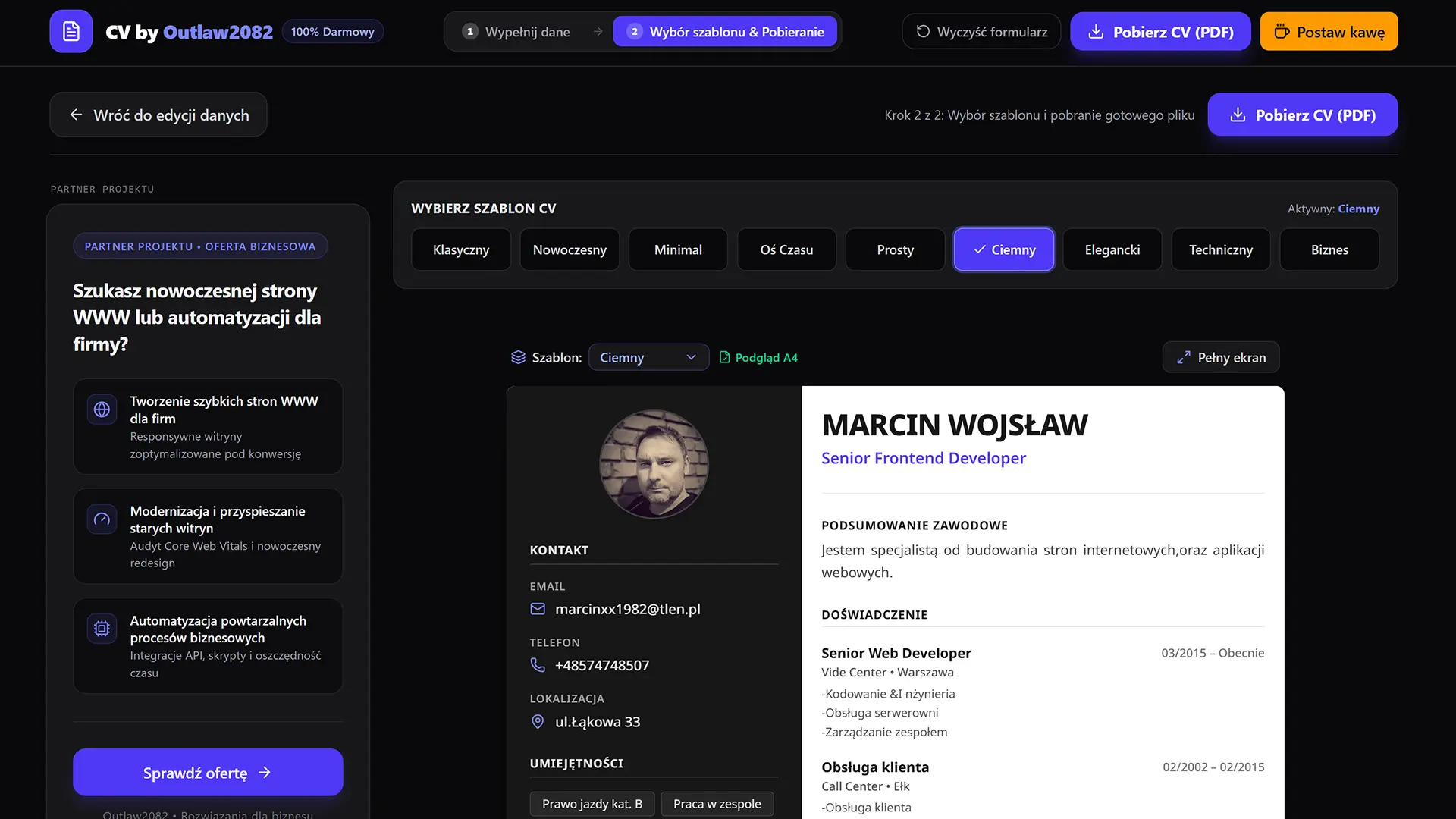 Zrzut ekranu aplikacji CV by Outlaw2082 — Kreator Życiorysów Online